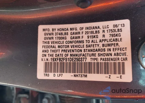 2013 Honda Civic Lx из США, поврежденный, VIN 19XFB2F51DE250377